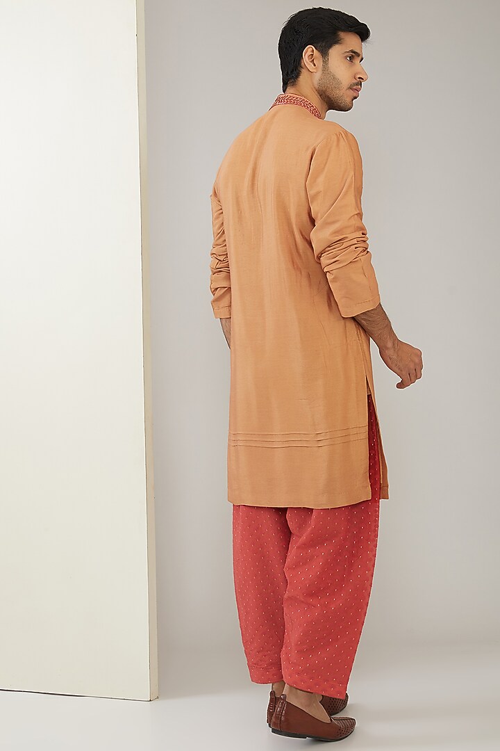 Beige Silk Chanderi Hand Embroidered Kurta Set by MARAASIM at Pernia's Pop Up Shop