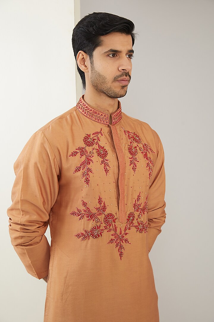 Beige Silk Chanderi Hand Embroidered Kurta Set by MARAASIM at Pernia's Pop Up Shop