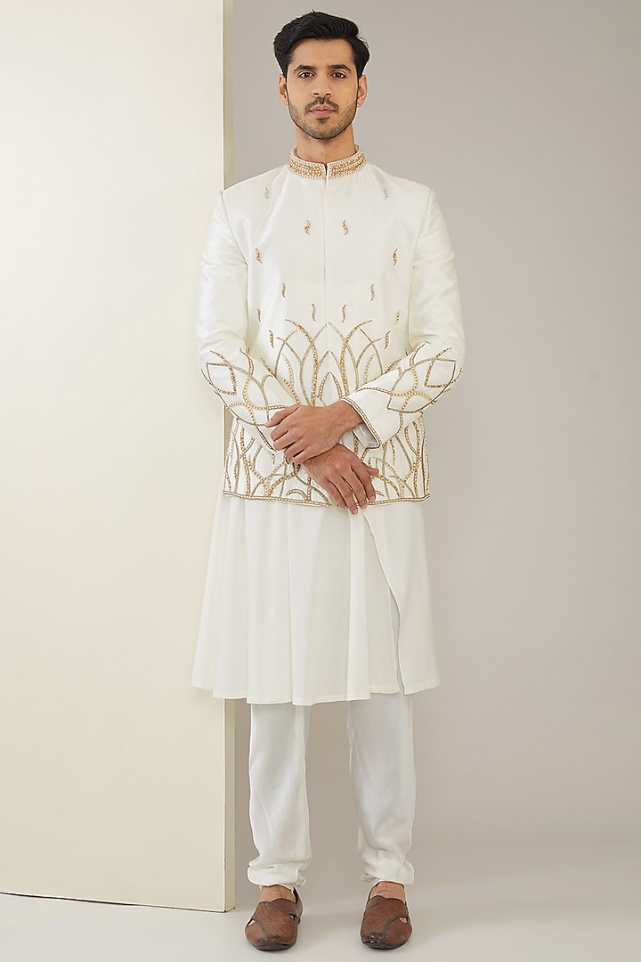 Ivory Raw Silk Hand Embroidered Wedding Bandhgala Set by MARAASIM at Pernia's Pop Up Shop