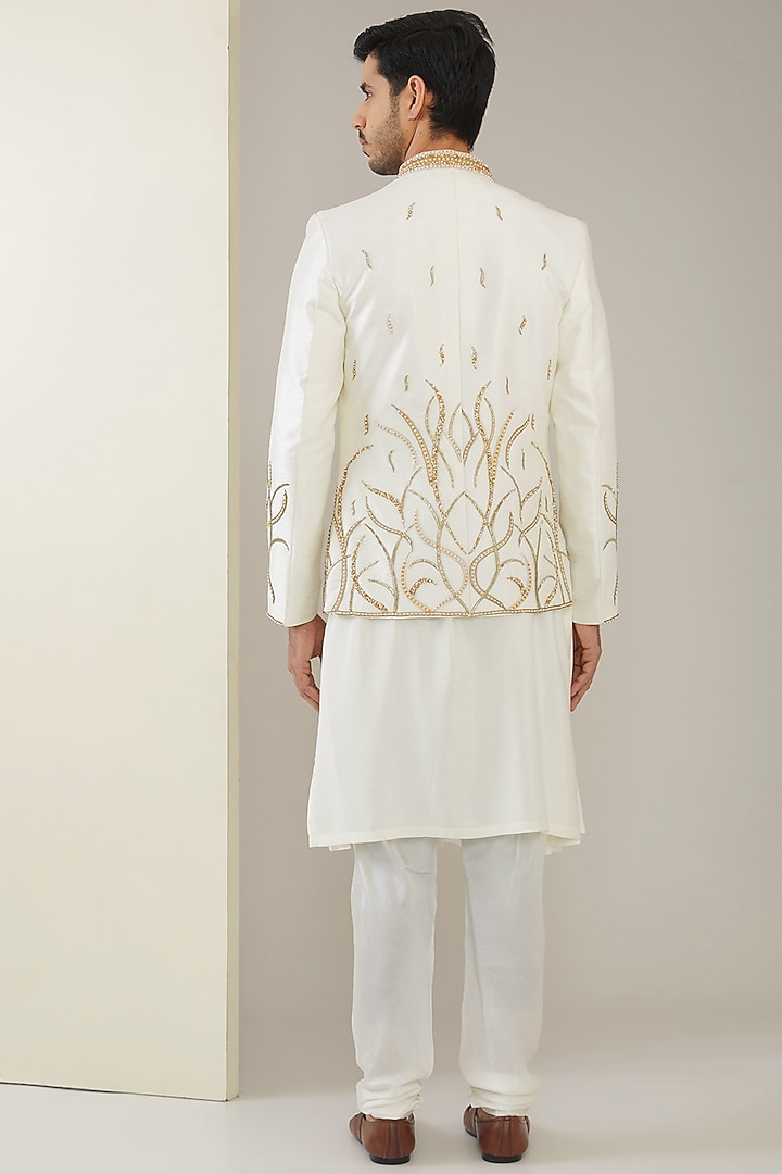 Ivory Raw Silk Hand Embroidered Wedding Bandhgala Set by MARAASIM at Pernia's Pop Up Shop