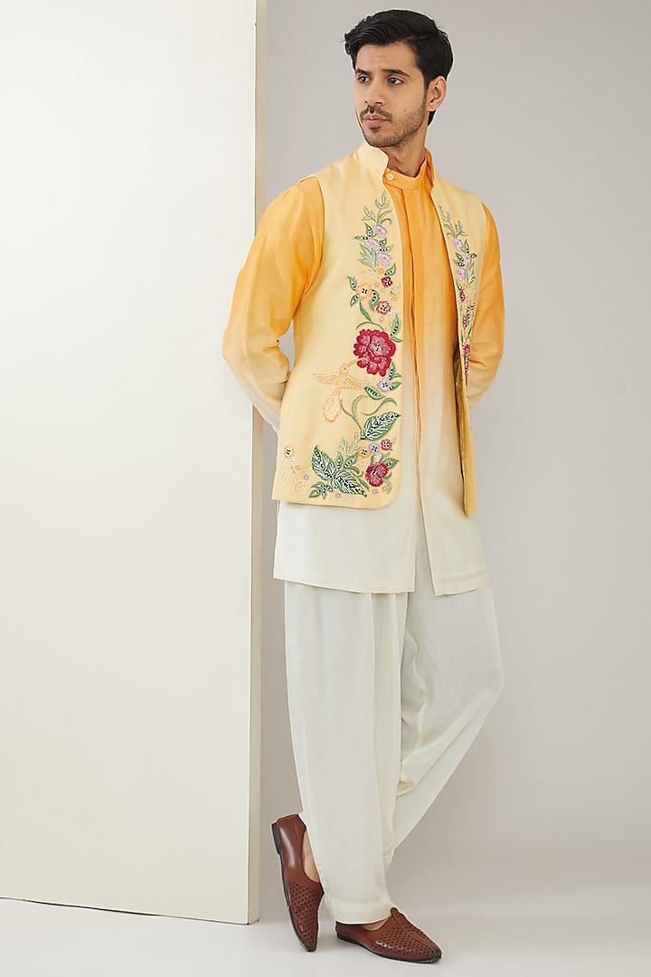 Yellow Ombre Chanderi Silk Hand Embroidered Indowestern Set by MARAASIM