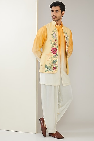Yellow Ombre Chanderi Silk Hand Embroidered Indowestern Set by MARAASIM