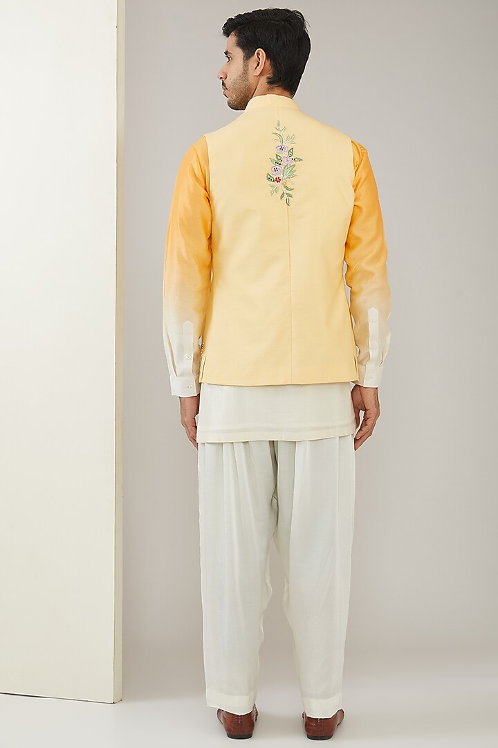Yellow Ombre Chanderi Silk Hand Embroidered Wedding Indowestern Set by MARAASIM at Pernia's Pop Up Shop