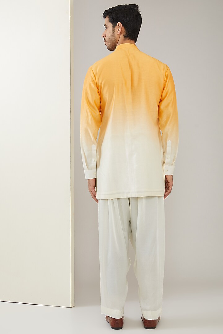 Yellow Ombre Chanderi Silk Hand Embroidered Wedding Indowestern Set by MARAASIM at Pernia's Pop Up Shop