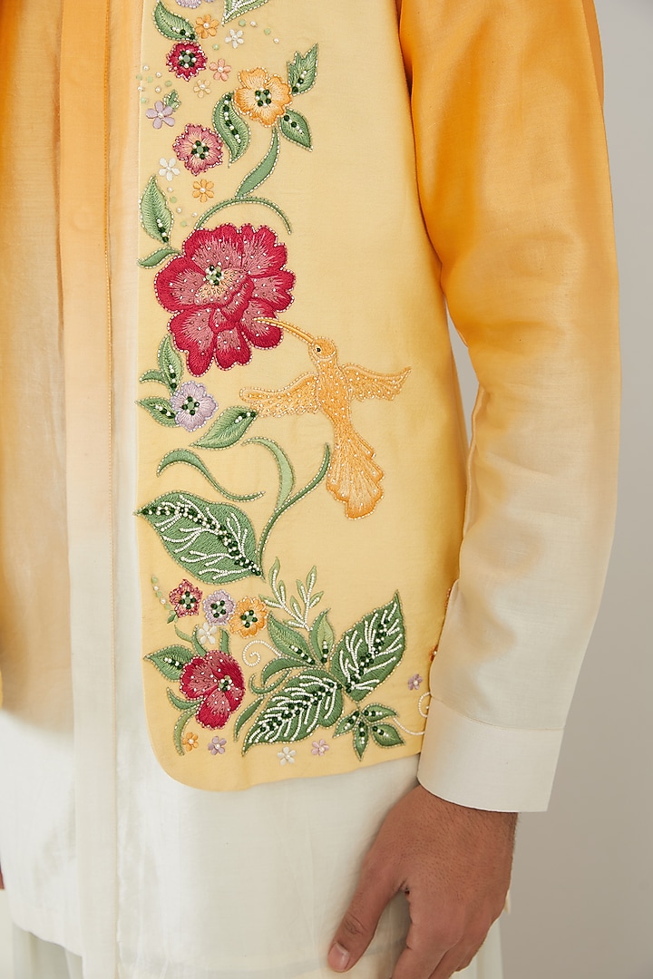 Yellow Ombre Chanderi Silk Hand Embroidered Wedding Indowestern Set by MARAASIM at Pernia's Pop Up Shop