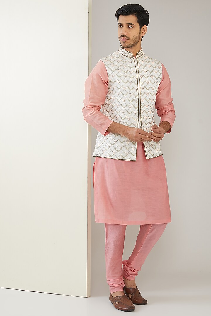 Ivory Silk Chanderi & Linen Satin Hand Embroidered Nehru Jacket Set by MARAASIM at Pernia's Pop Up Shop