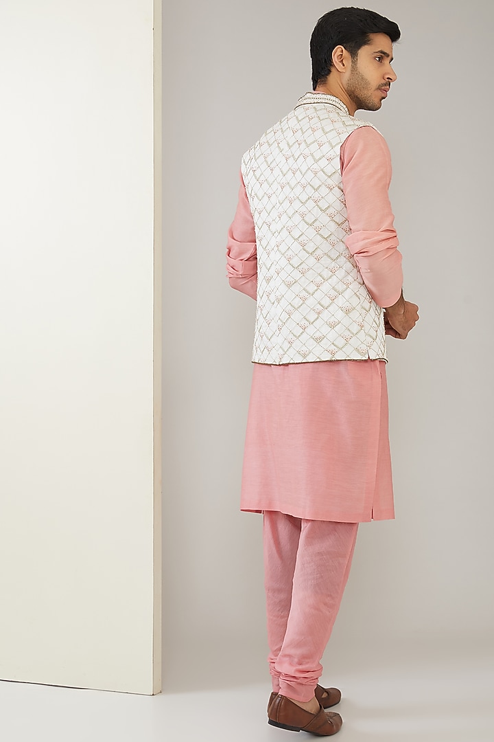 Ivory Silk Chanderi & Linen Satin Hand Embroidered Nehru Jacket Set by MARAASIM at Pernia's Pop Up Shop