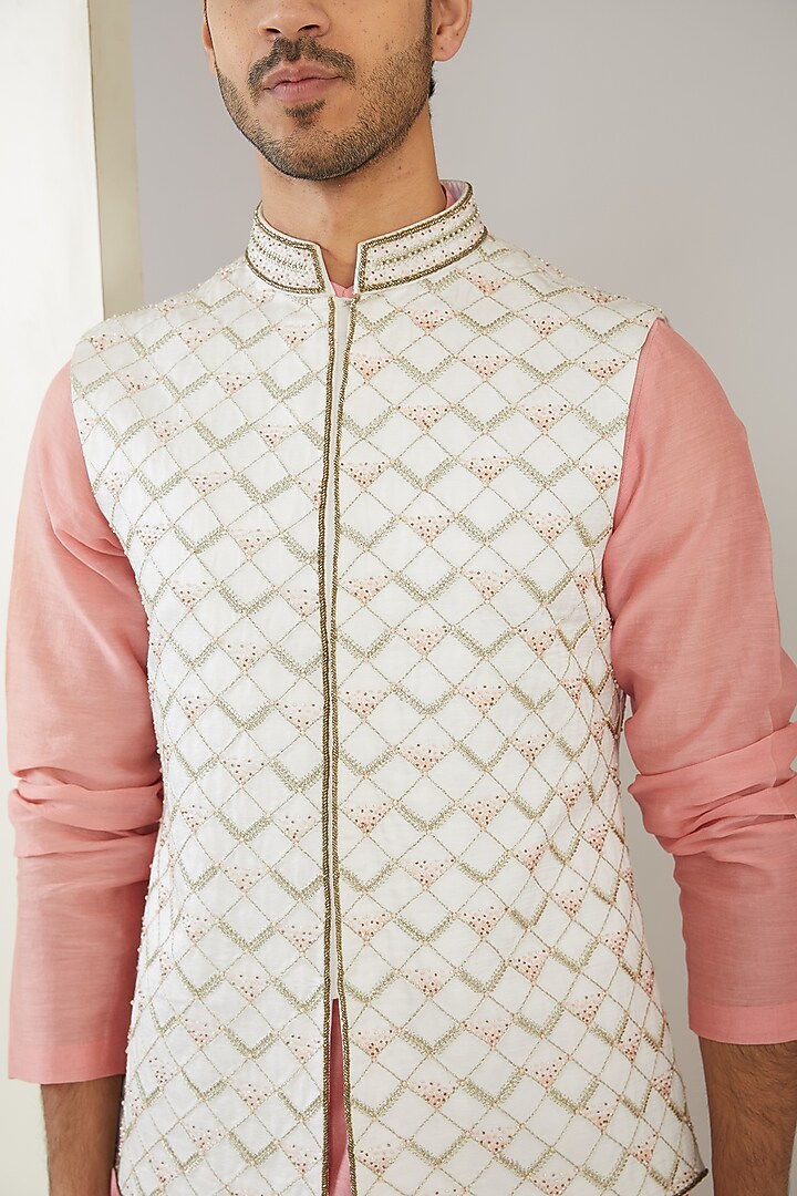 Ivory Silk Chanderi & Linen Satin Hand Embroidered Nehru Jacket Set by MARAASIM at Pernia's Pop Up Shop