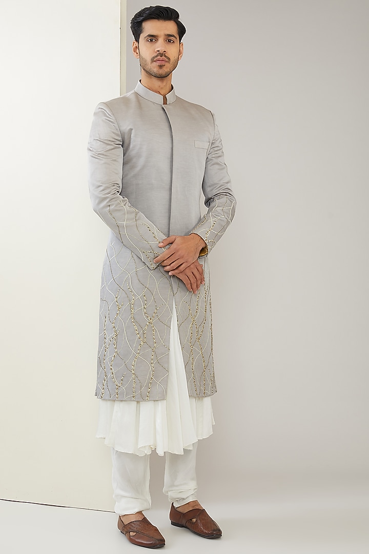 Grey Linen Satin & Modal Satin Hand Embroidered Wedding Sherwani Set by MARAASIM at Pernia's Pop Up Shop