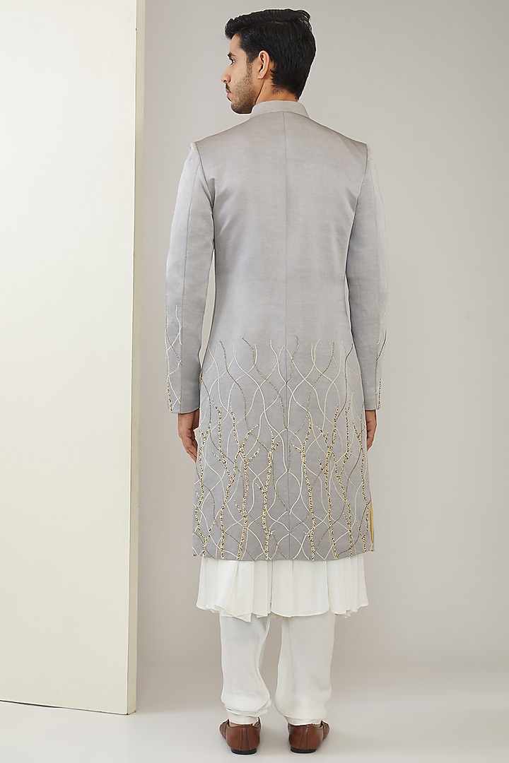 Grey Linen Satin & Modal Satin Hand Embroidered Wedding Sherwani Set by MARAASIM at Pernia's Pop Up Shop