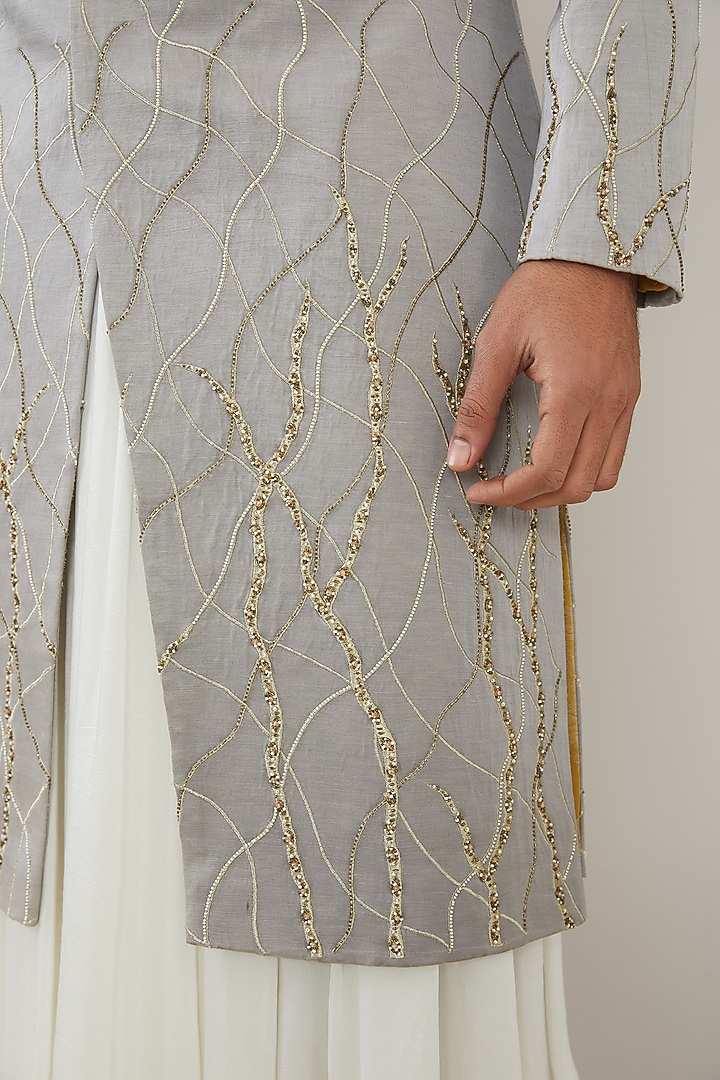 Grey Linen Satin & Modal Satin Hand Embroidered Wedding Sherwani Set by MARAASIM at Pernia's Pop Up Shop