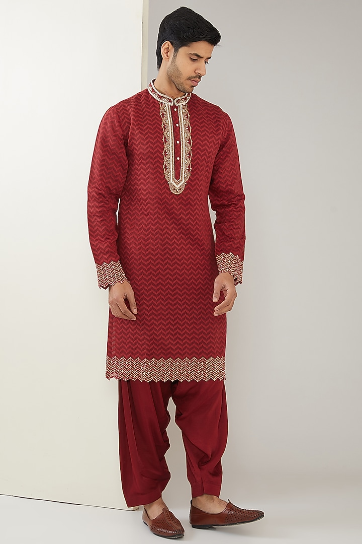 Red Silk Chanderi & Modal Satin Hand Embroidered Kurta Set by MARAASIM at Pernia's Pop Up Shop
