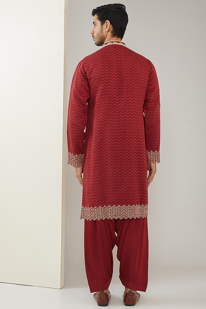 Red Silk Chanderi & Modal Satin Hand Embroidered Kurta Set by MARAASIM at Pernia's Pop Up Shop
