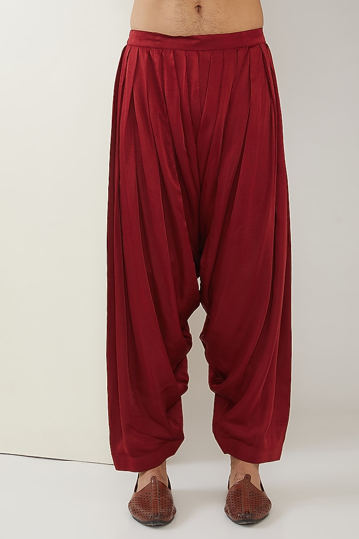 Red Silk Chanderi & Modal Satin Hand Embroidered Kurta Set by MARAASIM at Pernia's Pop Up Shop