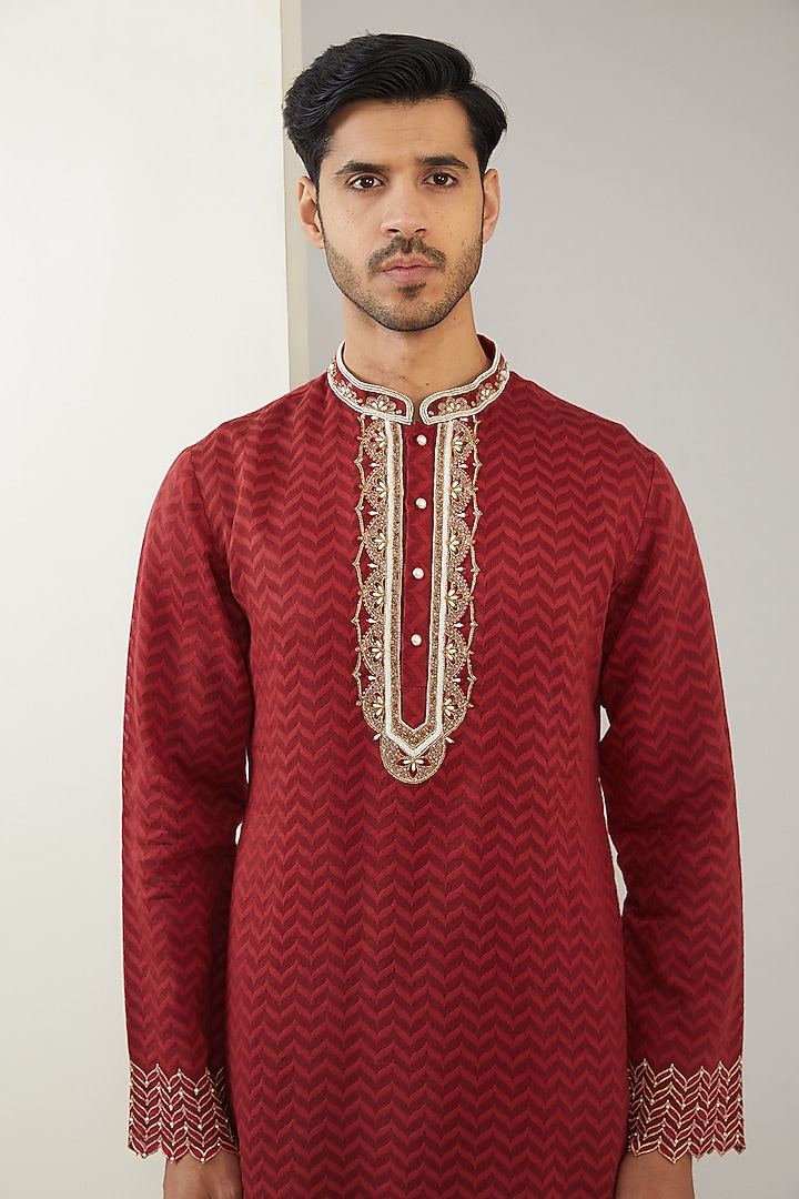 Red Silk Chanderi & Modal Satin Hand Embroidered Kurta Set by MARAASIM at Pernia's Pop Up Shop