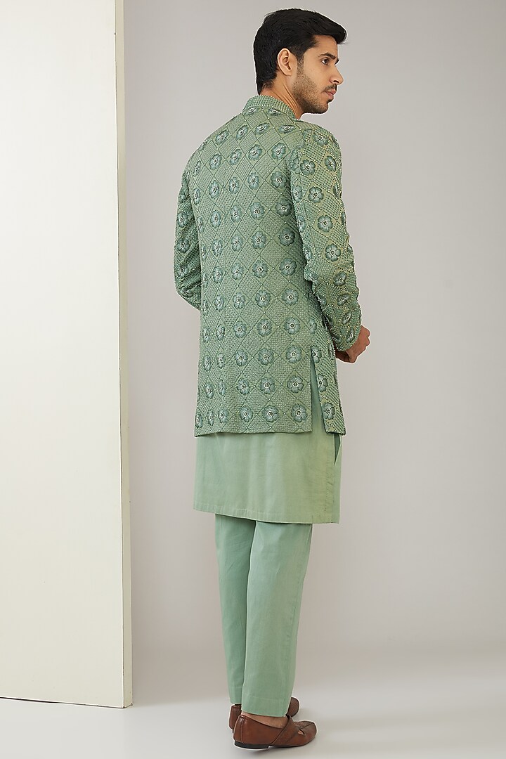 Sage Green Silk Cotton & Chanderi Hand Embroidered Wedding Indowestern Set by MARAASIM at Pernia's Pop Up Shop