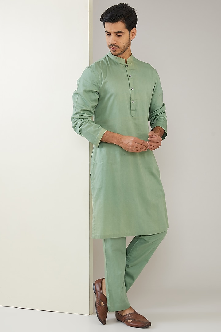 Sage Green Silk Cotton & Chanderi Hand Embroidered Wedding Indowestern Set by MARAASIM at Pernia's Pop Up Shop