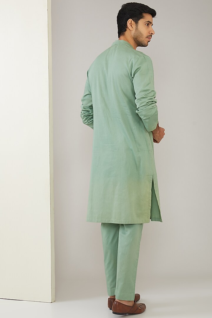 Sage Green Silk Cotton & Chanderi Hand Embroidered Wedding Indowestern Set by MARAASIM at Pernia's Pop Up Shop