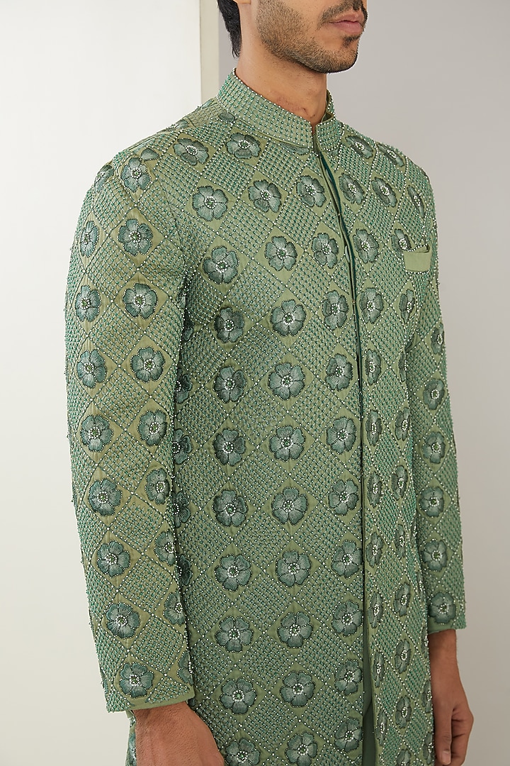 Sage Green Silk Cotton & Chanderi Hand Embroidered Wedding Indowestern Set by MARAASIM at Pernia's Pop Up Shop