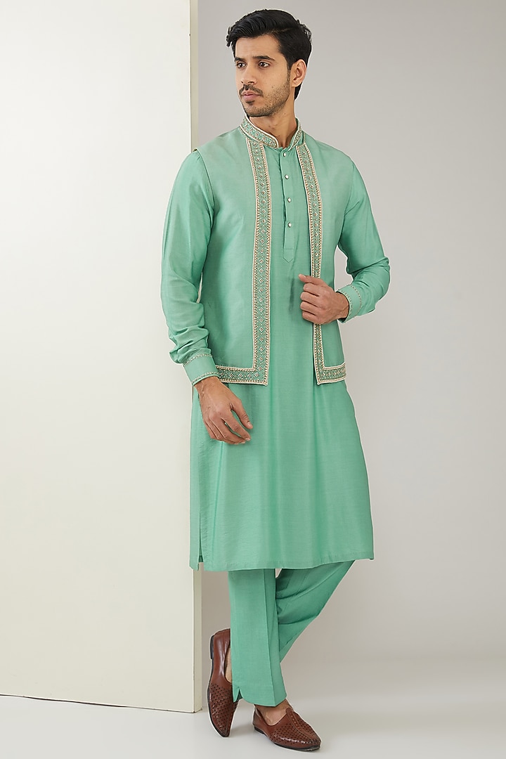 Sage Green Silk Chanderi Hand Embroidered Nehru Jacket Set by MARAASIM at Pernia's Pop Up Shop