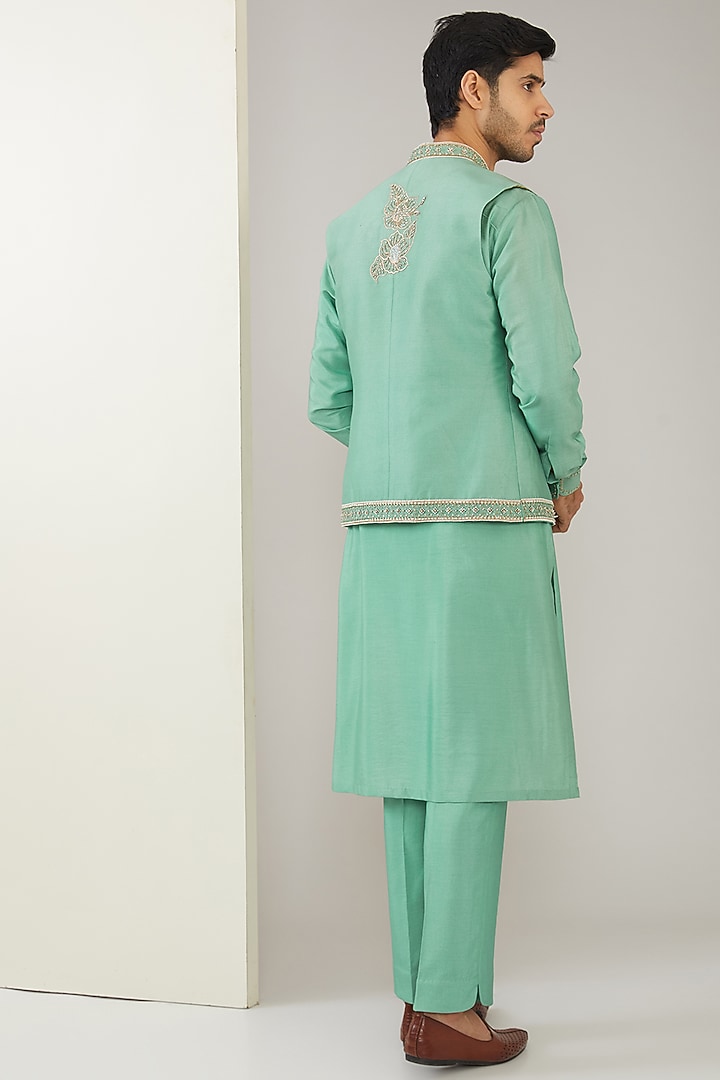 Sage Green Silk Chanderi Hand Embroidered Nehru Jacket Set by MARAASIM at Pernia's Pop Up Shop
