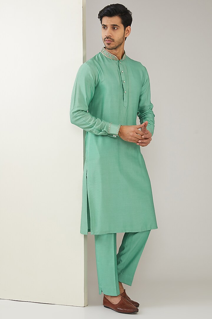 Sage Green Silk Chanderi Hand Embroidered Nehru Jacket Set by MARAASIM at Pernia's Pop Up Shop