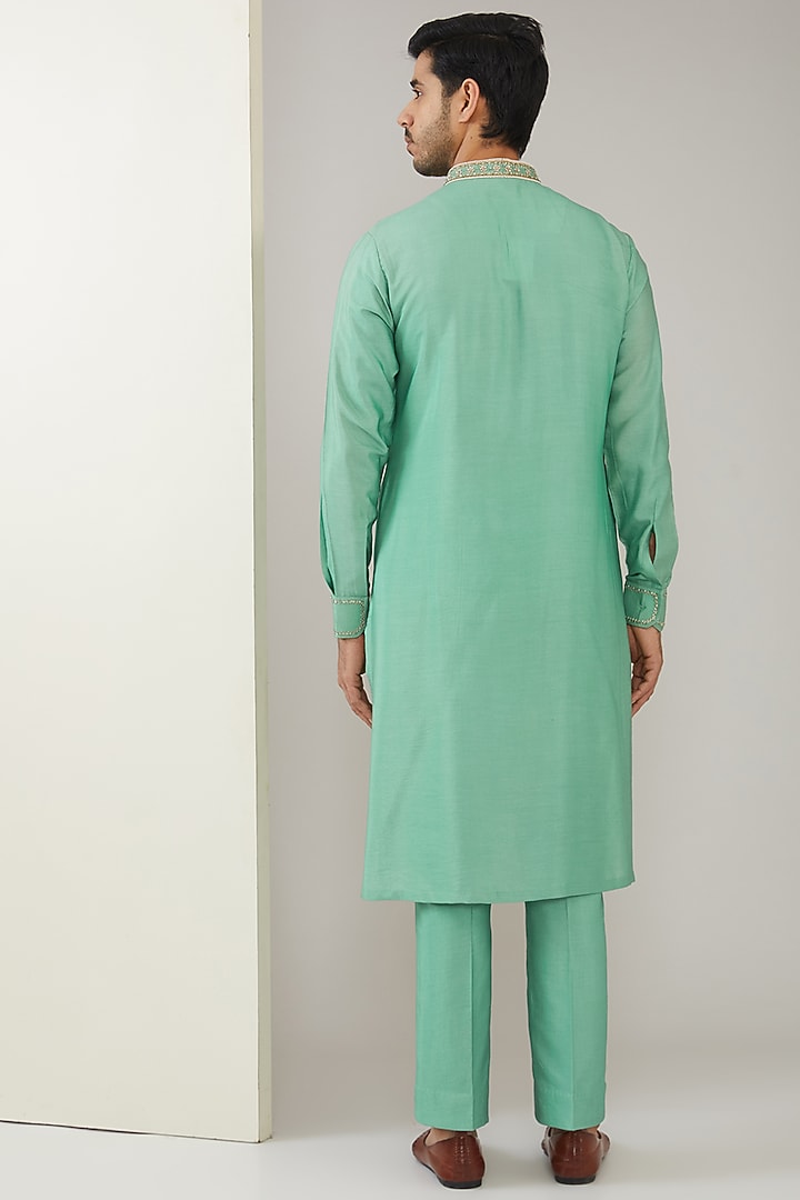 Sage Green Silk Chanderi Hand Embroidered Nehru Jacket Set by MARAASIM at Pernia's Pop Up Shop
