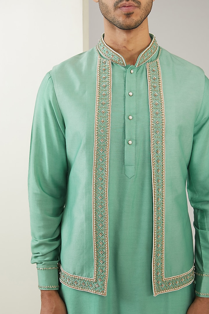 Sage Green Silk Chanderi Hand Embroidered Nehru Jacket Set by MARAASIM at Pernia's Pop Up Shop