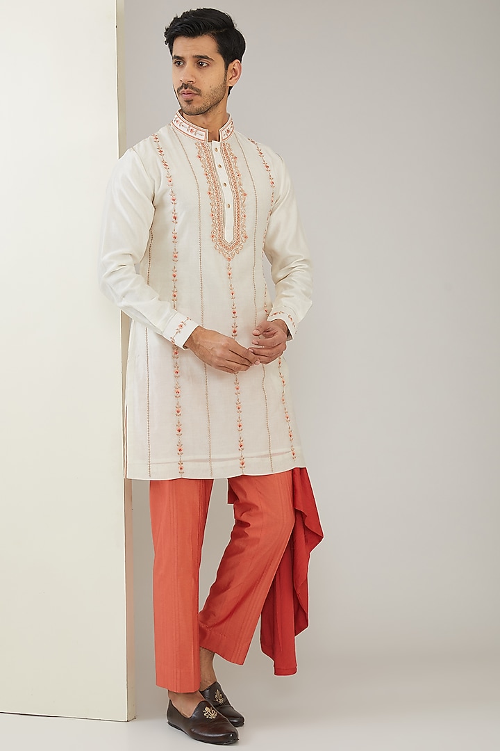 Ivory Silk Chanderi Hand Embroidered Kurta Set by MARAASIM at Pernia's Pop Up Shop