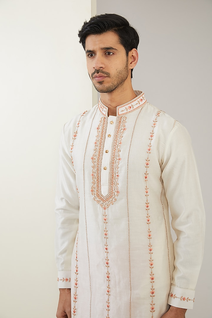 Ivory Silk Chanderi Hand Embroidered Kurta Set by MARAASIM at Pernia's Pop Up Shop