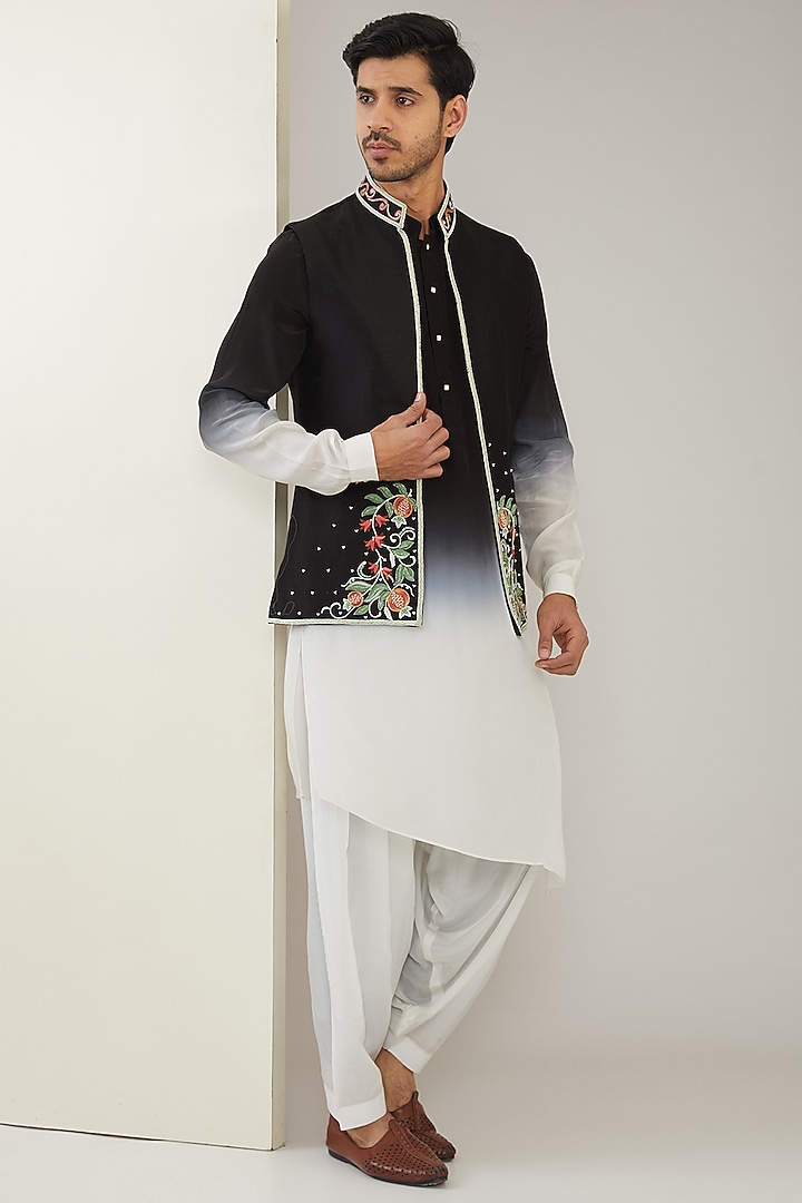 Black Silk Chanderi Hand Embroidered Nehru Jacket Set by MARAASIM at Pernia's Pop Up Shop