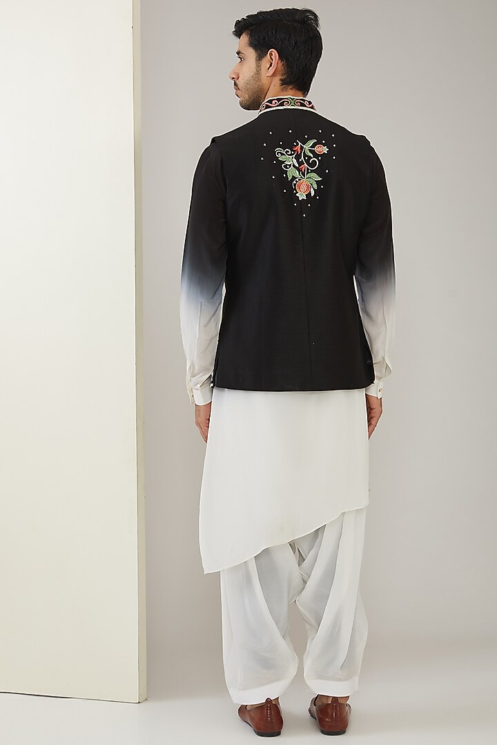 Black Silk Chanderi Hand Embroidered Nehru Jacket Set by MARAASIM at Pernia's Pop Up Shop