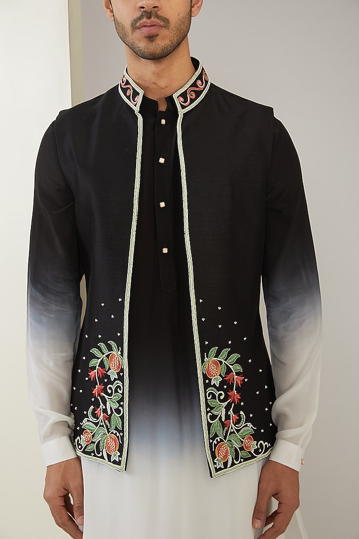 Black Silk Chanderi Hand Embroidered Nehru Jacket Set by MARAASIM at Pernia's Pop Up Shop