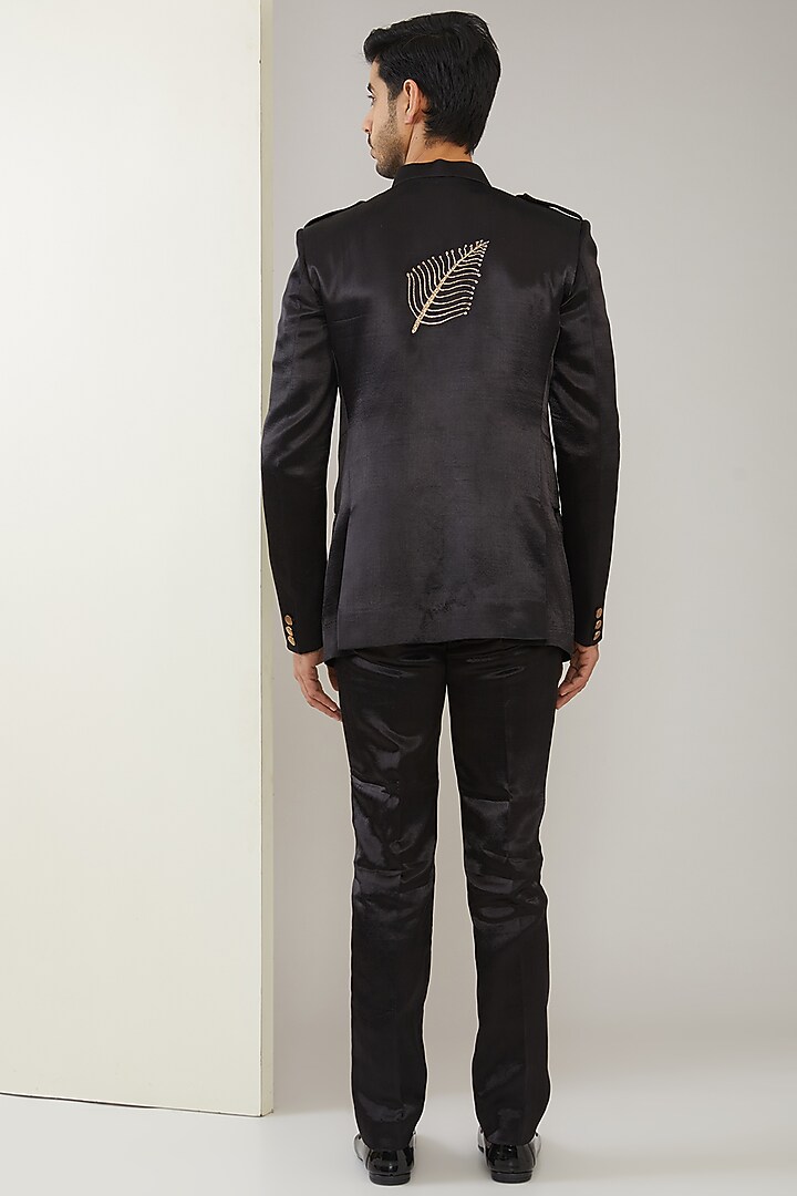 Black Moroccan Silk Hand Embroidered Wedding Bandhgala Set by MARAASIM at Pernia's Pop Up Shop