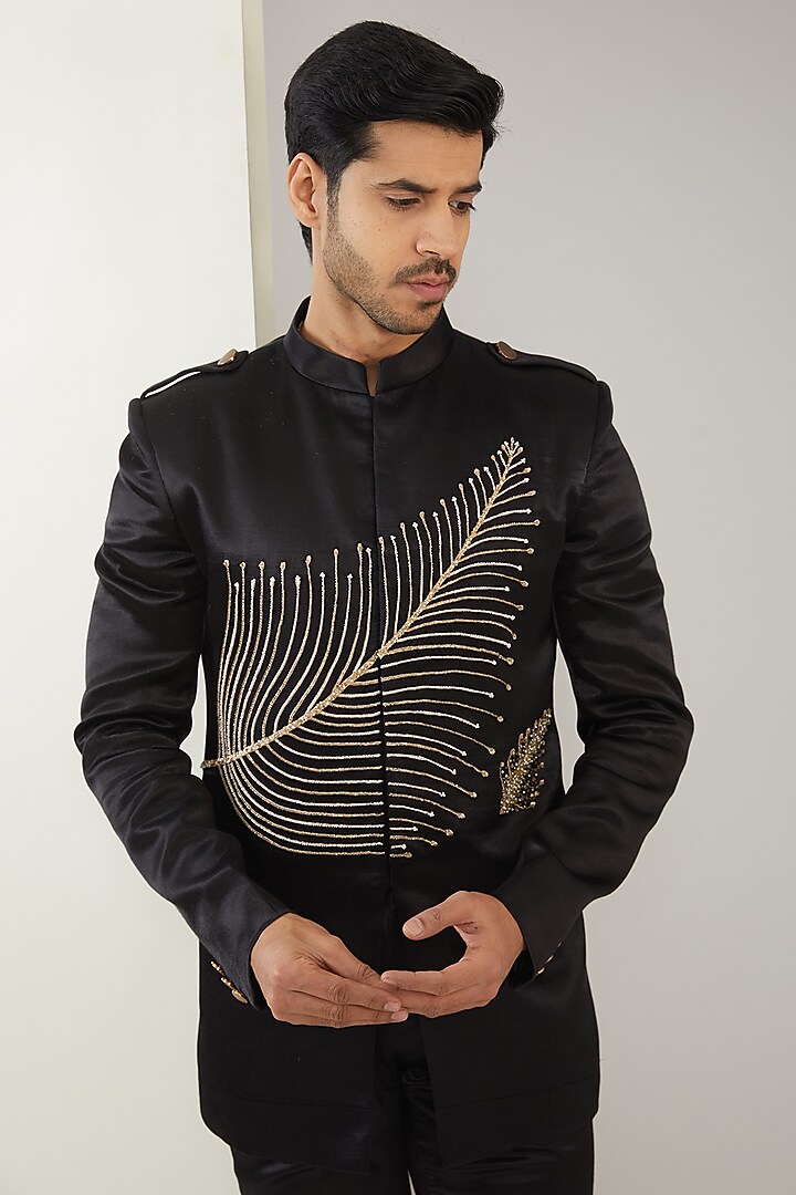 Black Moroccan Silk Hand Embroidered Wedding Bandhgala Set by MARAASIM at Pernia's Pop Up Shop