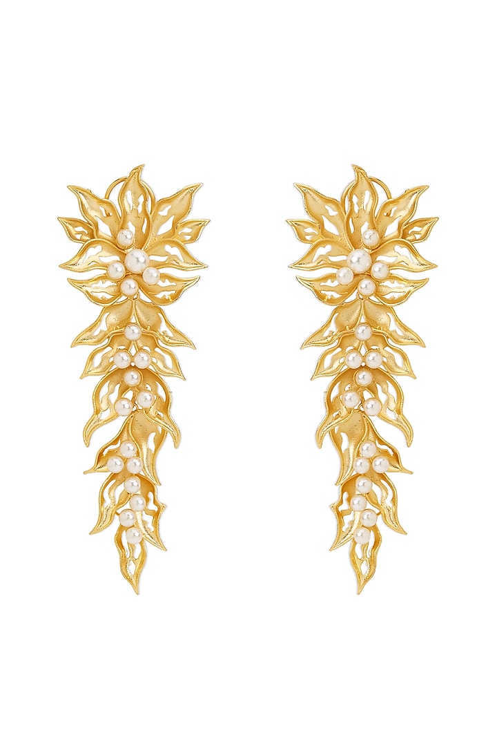 Gold Finish Pearl Dangler Earrings by Mae Jewellery by Neelu Kedia