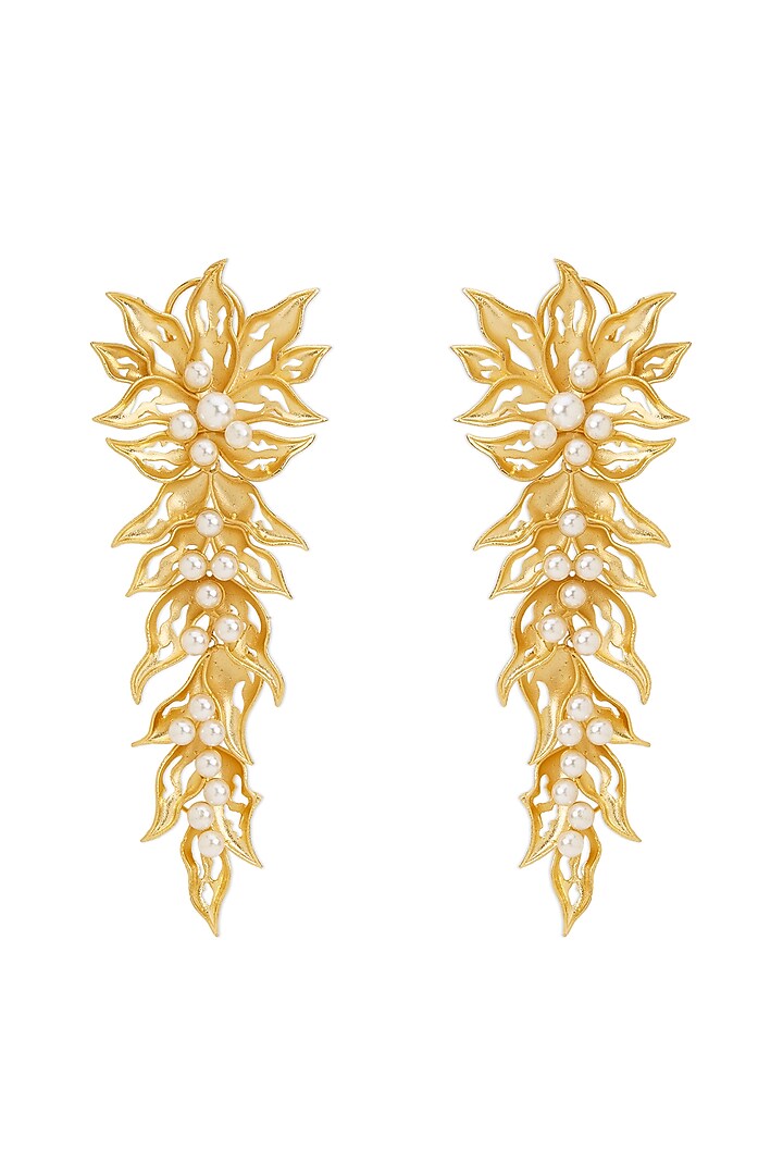 Gold Finish Pearl Dangler Earrings by Mae Jewellery by Neelu Kedia at Pernia's Pop Up Shop