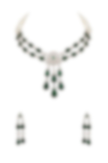 White Finish Emerald Stone & Zircon Necklace Set by Mae Jewellery by Neelu Kedia at Pernia's Pop Up Shop