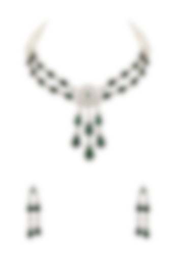 White Finish Emerald Stone & Zircon Necklace Set by Mae Jewellery by Neelu Kedia