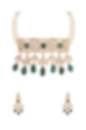 Gold Finish Green Kundan Polki Necklace Set by Mae Jewellery by Neelu Kedia