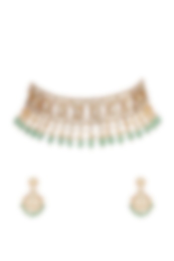 Gold Finish Kundan Polki & Green Beaded Choker Necklace Set by Mae Jewellery by Neelu Kedia