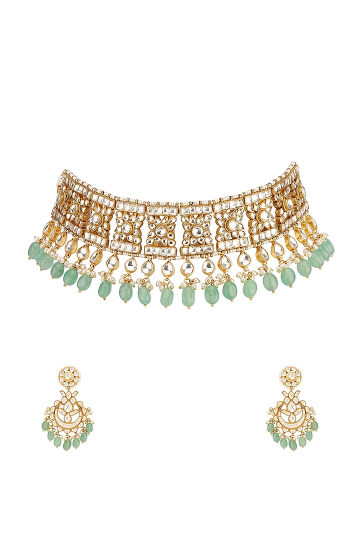 Gold Finish Kundan Polki & Green Beaded Choker Necklace Set by Mae Jewellery by Neelu Kedia