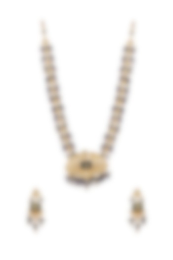 Gold Finish Kundan Polki & Semi-Precious Grey Stone Long Necklace Set by Mae Jewellery by Neelu Kedia