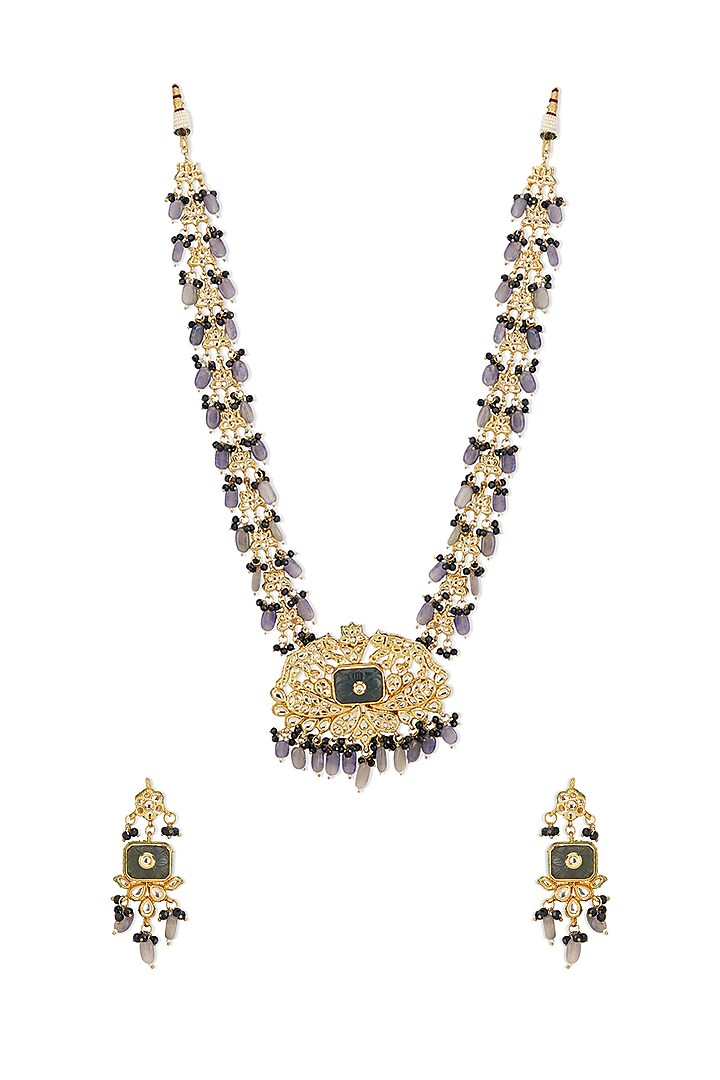 Gold Finish Kundan Polki & Semi-Precious Grey Stone Long Necklace Set by Mae Jewellery by Neelu Kedia
