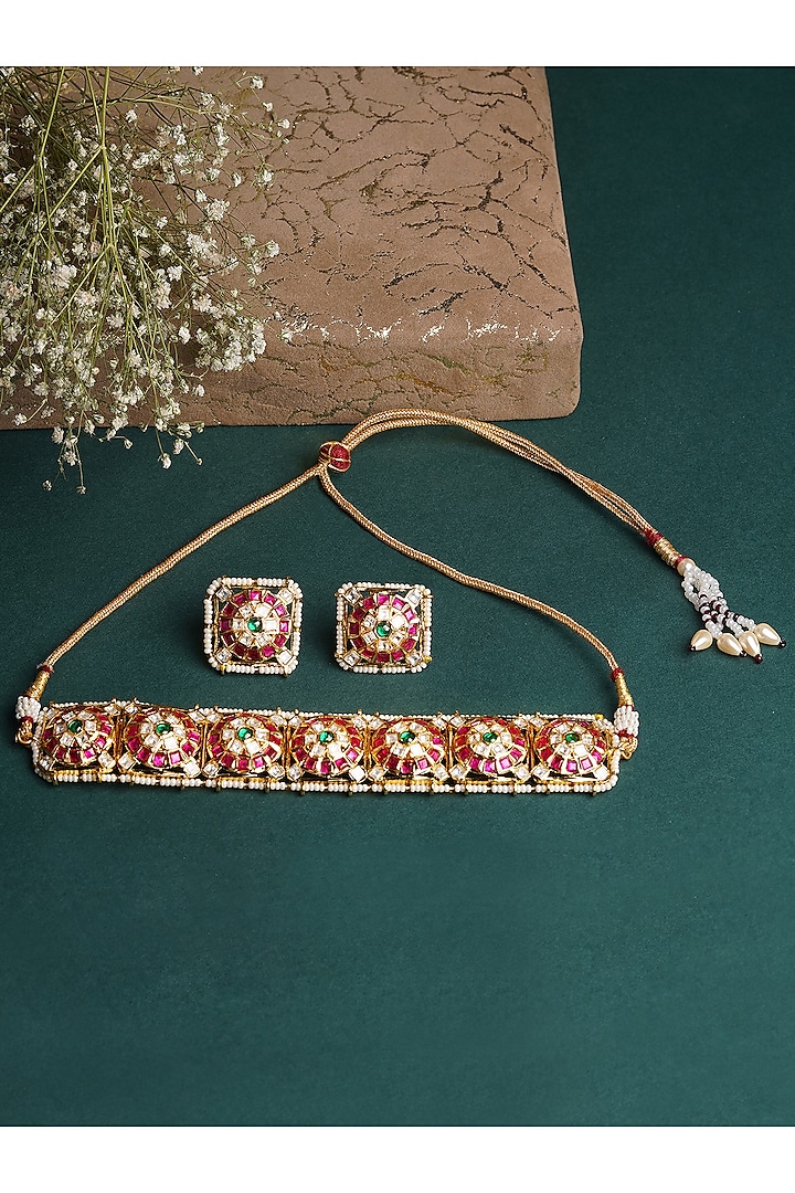 Gold Finish Ruby & Kundan Choker Necklace Set by Mae Jewellery by Neelu Kedia
