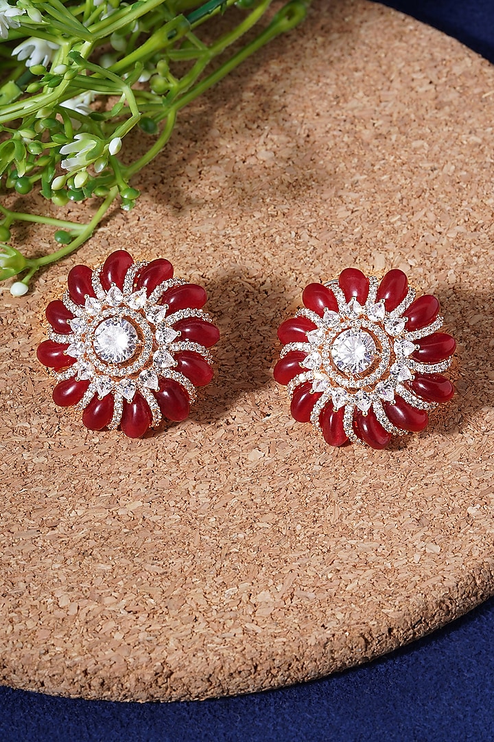 Rose Gold Finish Faux Diamond & Ruby Stud Earrings by Mae Jewellery by Neelu Kedia