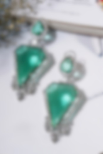 White Finish Faux Diamond & Green Stone Hoop Earrings by Mae Jewellery by Neelu Kedia at Pernia's Pop Up Shop