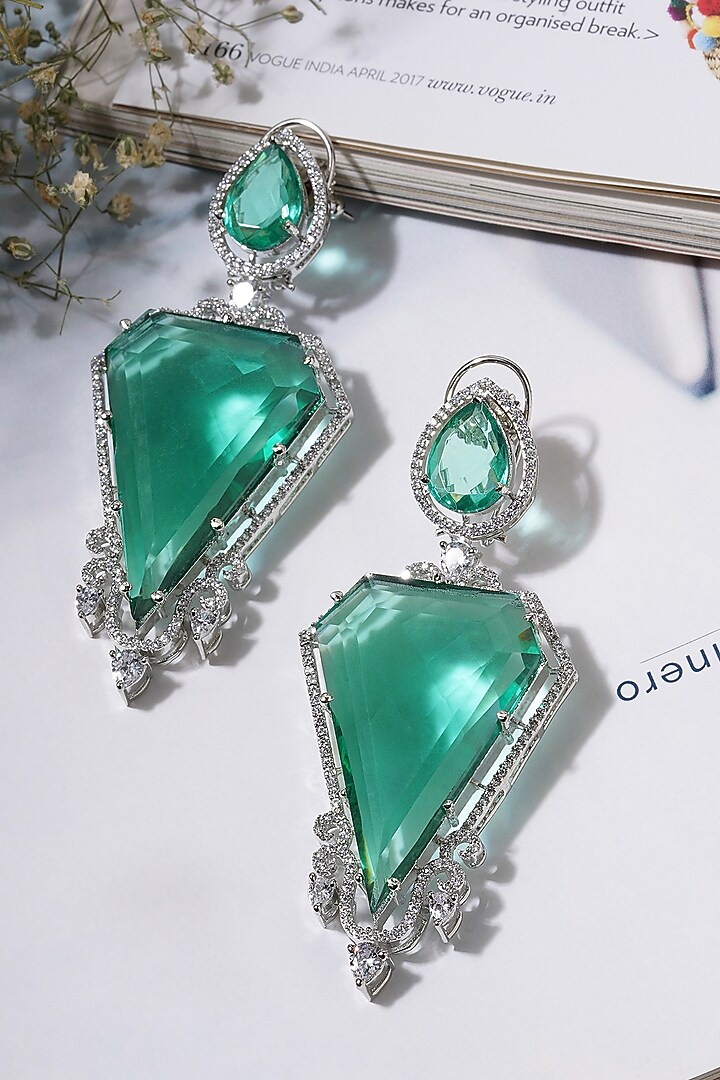 White Finish Faux Diamond & Green Stone Hoop Earrings by Mae Jewellery by Neelu Kedia at Pernia's Pop Up Shop