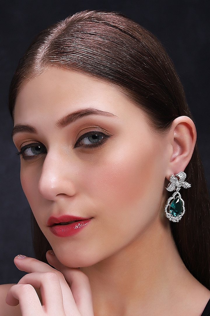 White Finish Emerald & Zircon Stud Earrings by Mae Jewellery by Neelu Kedia at Pernia's Pop Up Shop