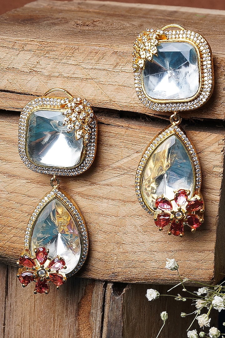 Gold Finish Kundan Polki & Ruby Dangler Earrings by Mae Jewellery by Neelu Kedia at Pernia's Pop Up Shop